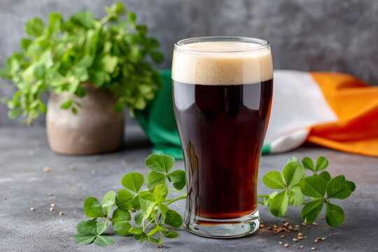 St. Patrick's Day stout beer with shamrock and Irish flag - Powered by Adobe
