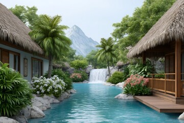 Tropical resort villas with lagoon and waterfall