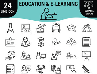 Education & E-Learning Line Icons Set &ndash;  Editable Stroke Vector Icons of Online Classes, Graduation, Certificate, Book, School, Award, and Digital Learning Tools for Web, App, Infographic, and Print