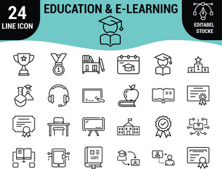 Education & E-Learning Line Icons Set &ndash;  Editable Stroke Vector Icons of Online Classes, Graduation, Certificate, Book, School, Award, and Digital Learning Tools for Web, App, Infographic, and Print