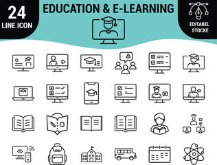 Education & E-Learning Line Icons Set &ndash;  Editable Stroke Vector Icons of Online Classes, Graduation, Certificate, Book, School, Award, and Digital Learning Tools for Web, App, Infographic, and Print
