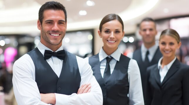 Corporate event staff engaged in client service at upscale mall professional environment teamwork concept