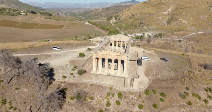 Aerial view of the Temple of Segesta. It is a temple of the ancient Greek city located in the archaeological area of ​​Calatafimi-Segesta, in the province of Trapani, Sicily, Italy.