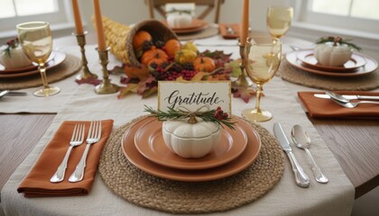 Fototapeta premium Thanksgiving table with cornucopia and pumpkins: elegant fall decor.