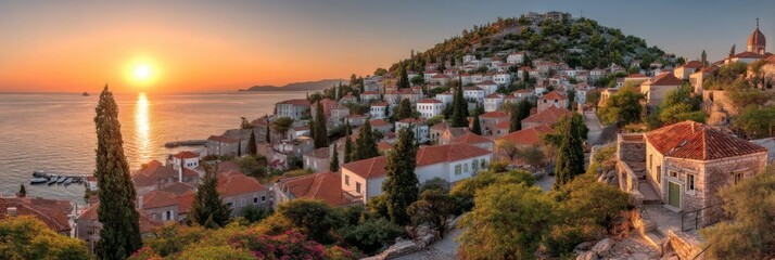 Fototapeta premium Scenic Sunset Over Idyllic Coastal Town with Charming Houses Nestled on Serene Hillside by a Calm Ocean