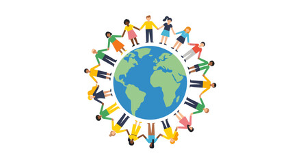 Diverse people holding hands around the world for unity, global community, and international collaboration in a colorful, inclusive design