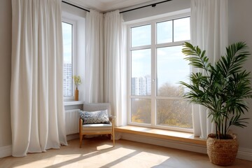 Fototapeta premium Cozy modern room with bright natural sunlight streaming