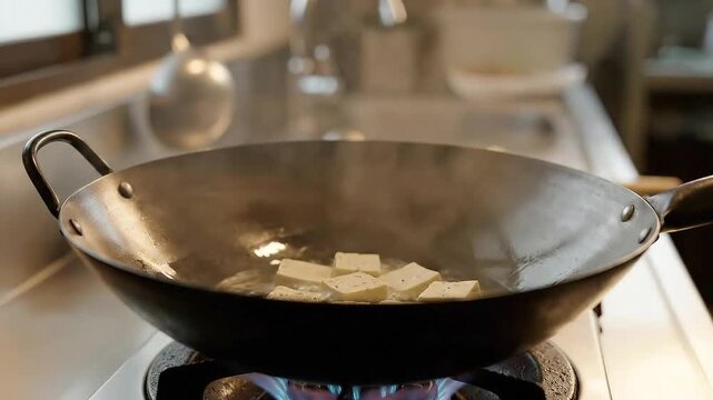 Adding Diced Tofu to Wok Over Gas Flame on Stainless Steel Stove in Kitchen Close Up Cooking Preparation of Dish in Natural Light Culinary Still Life Tofu Being Saut?ed Preparation