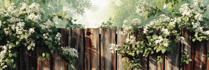 Rustic wooden fence adorned with blooming white flowers and lush green leaves in a serene natural setting