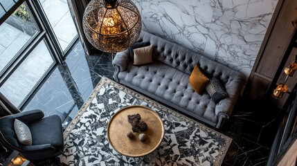 Top view of living room with grey sofa, armchair, rug, coffee table, marble wall