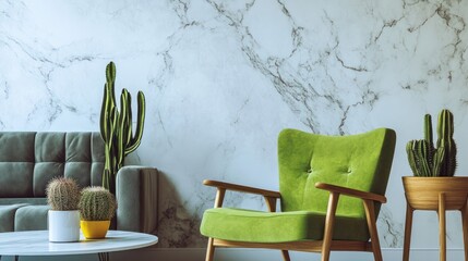 Modern living room with plants, marble wall, green armchair