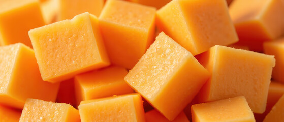 Cheddar cheese cubes stacked together, showcasing vibrant orange color and smooth texture, perfect for snacking or cooking