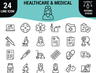 24 Line Icon Set: Healthcare, Medical Services, Hospital, Doctor, Emergency, Wellness, and Medicine Symbols, Editable Vector Graphics for Digital Design and Mobile Apps