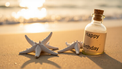 Serene beach scene featuring starfish and message in bottle, celebrating special occasion with warm, inviting atmosphere