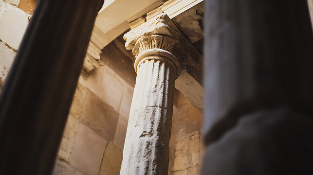 Fototapeta Close-up of a weathered architectural stone pillar, its fluted column and ornate capital stand as a testament to time, showcasing light and shadow in a solemn space.
