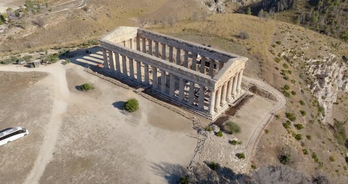 Aerial view of the Temple of Segesta. It is a temple of the ancient Greek city located in the archaeological area of ​​Calatafimi-Segesta, in the province of Trapani, Sicily, Italy.