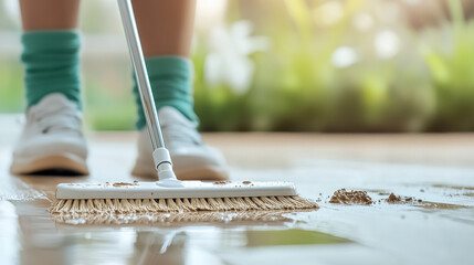 Active person swiftly mopping up spilled dirt and water outdoors for a fresh, clean space