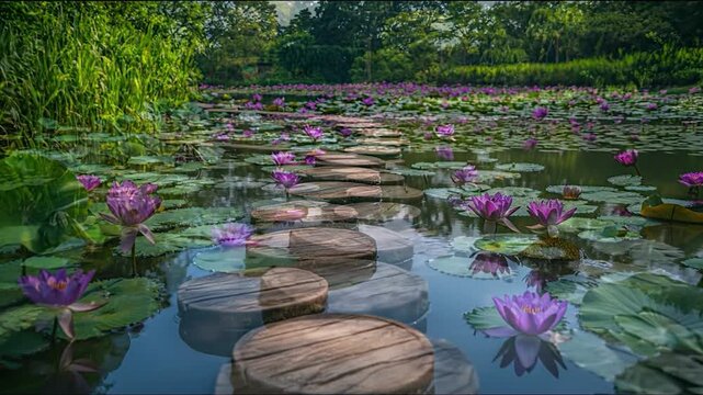 A serene pond with stepping stones, water lilies and lush greenery under a bright sky