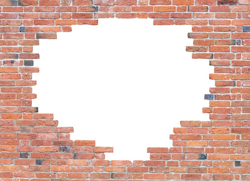 A hole in a red brick wall with a transparent background.