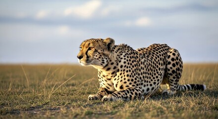 Naklejka premium A cheetah spotting prey over horizon, flat light, just before chase