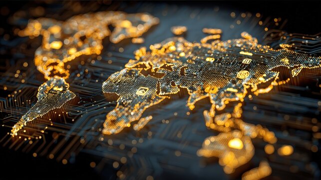 Electronic Network, abstract glowing circuit lines forming world map with digital finance icons, technology-driven commerce.