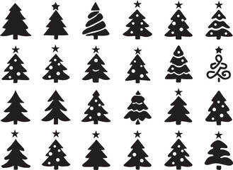 Collection of christmas tree silhouettes isolated on white background, showcasing various shapes and designs for festive holiday decorations and seasonal themes