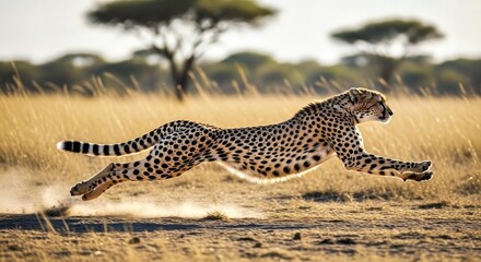 A cheetah sprinting at full speed across savanna