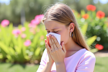 Fototapeta premium Young woman with seasonal allergies blowing her nose outdoors