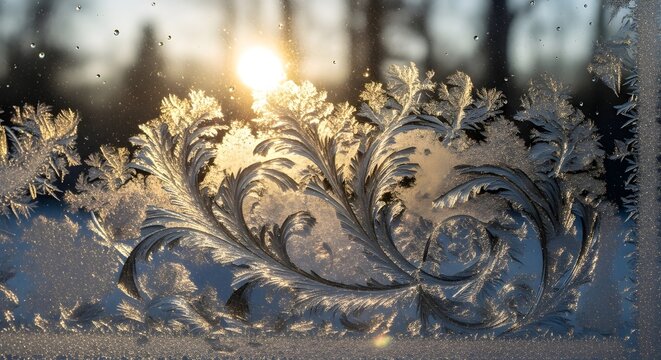 Intricate frosty ice patterns bloom on a window pane at sunrise, backlit by golden light.