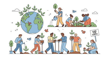 Fototapeta premium People planting trees and caring for the Earth, promoting environmental conservation.