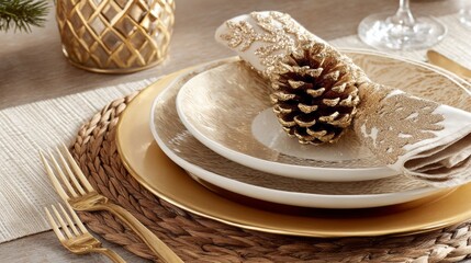 A beautifully arranged table showcases gold and white dishes with a touch of elegance. The decorative pine cone adds charm, perfect for a festive gathering or celebration