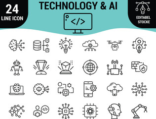 24 Line Icon Set: Technology, Artificial Intelligence (AI), Machine Learning, Cloud Computing, Data Science, and Modern Tech Symbols, Editable Vector Graphics for Digital Innovation