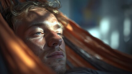 A room with contemporary clean aesthetics, a portrait of bright-light hammock and shadow play.