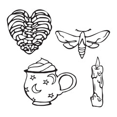 set of doodle elements witchy aesthetics
