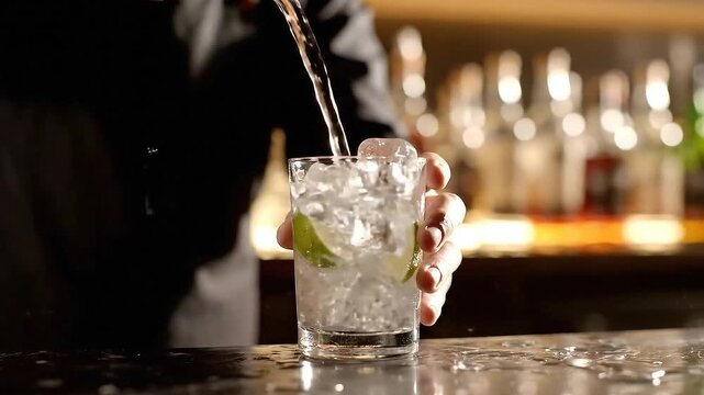 Bartender Pouring Clear Liquid from Gold Shaker into Glass of Ice with Lime Slices on Bar Top with Blurry Backlit Bottles Filling Clear Glass with Ice and Lime in Bar Setting