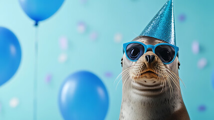 Party animal! This adorable seal is ready to celebrate, sporting a festive hat and sunglasses. A memorable birthday or event with aquatic charm! #SealCelebration.