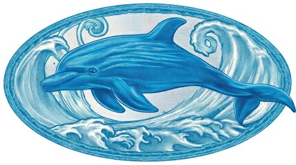 Artistic depiction of a dolphin swimming in water within an oval frame design