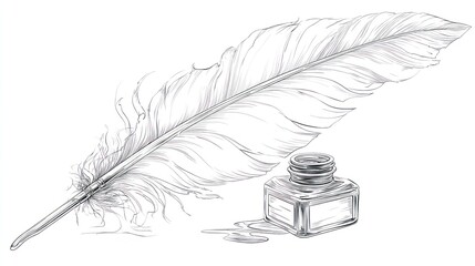 Elegant feather and inkwell illustration writing concept on white