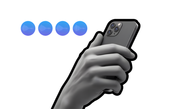 Close up of a human hand holding a modern smartphone with a camera lens array and four glowing blue dots isolated on transparent background