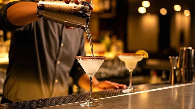 Bartender Pouring Cocktail From Shaker into Margarita Glass with Orange Slice Garnish on Restaurant Bar with Blurred Background at Night in Close Up 190 Characters