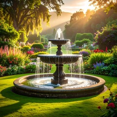 Serene garden scene features a tiered fountain spraying water, surrounded by vibrant flowers, lush greenery, and sunlight streaming through the trees