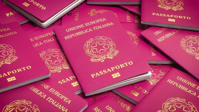 A lot of Italy passports. Italy immigration, citizenship, travel and tourism concept. 3d animation