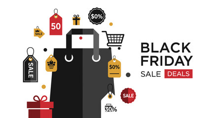 Black Friday sale deals illustration with shopping bag tags and cart