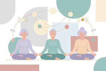 Connected senior citizens meditating for mental wellbeing and shared peace