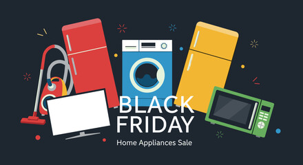 Black Friday sale illustration featuring modern household appliances like TV refrigerator and washer