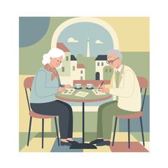 Senior couple writing and enjoying coffee at an outdoor cafe with a scenic city view leisure activity