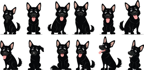Black German Shepherd Puppy Vector Set - Cute Sitting Poses - Isolated Happy Canine Collection