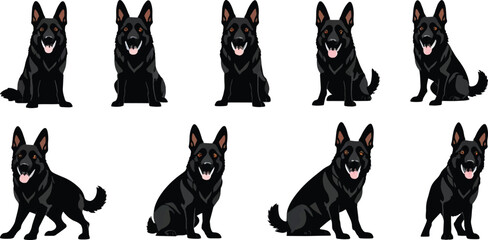 Collection of 8 Black German Shepherd Dogs in Various Sitting and Alert Poses Vector Art