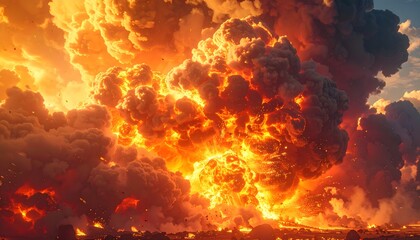 Giant, radiant explosion erupts with immense smoke and flames, portraying a catastrophic event of overwhelming power and visual intensity