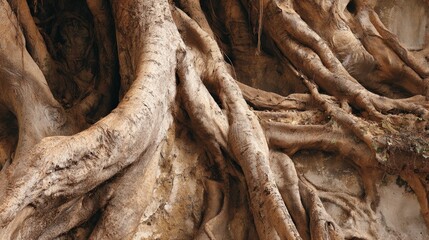 Intricate gnarled tree roots exposed against a textured stone wall Gnarled roots